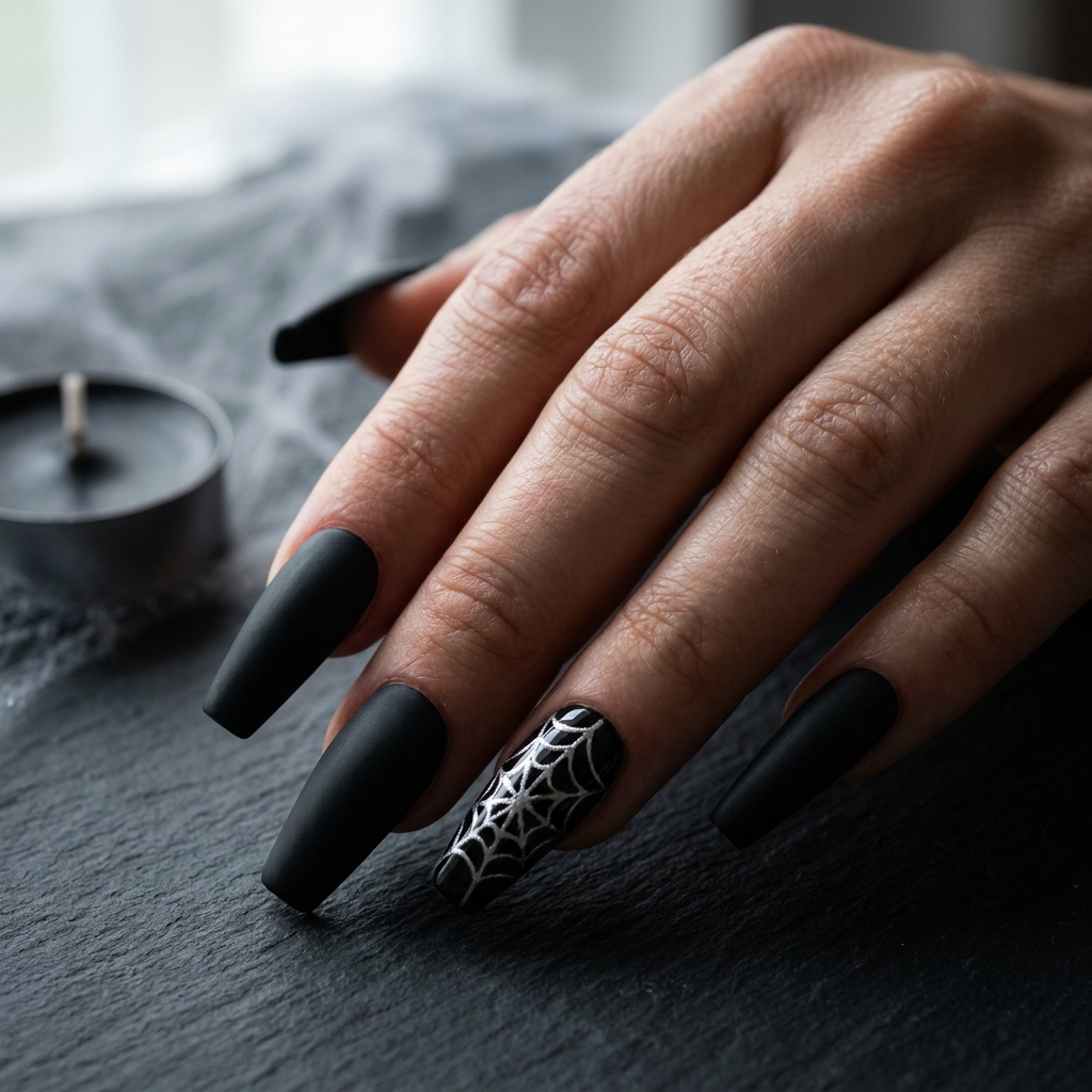 Matte black coffin nails with a white spider web on one accent nail