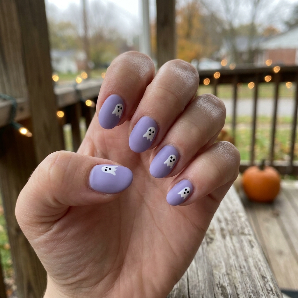 Short lilac matte nails with small white ghost accents