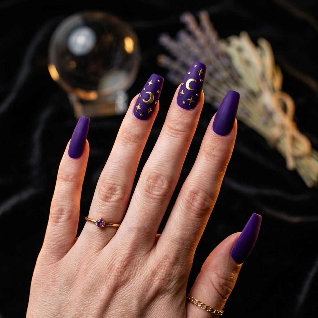 Purple matte coffin nails with gold moon and star accents