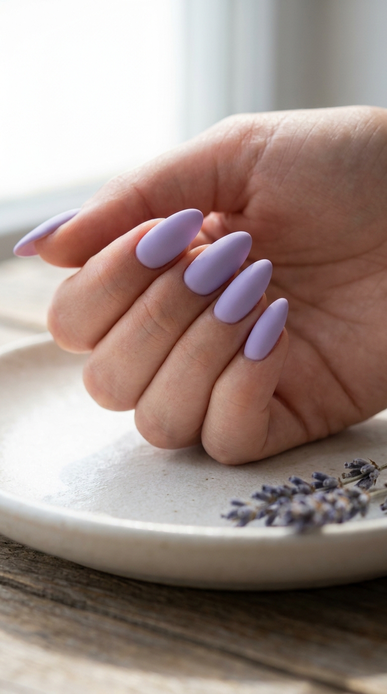 Matte lilac almond nail design
