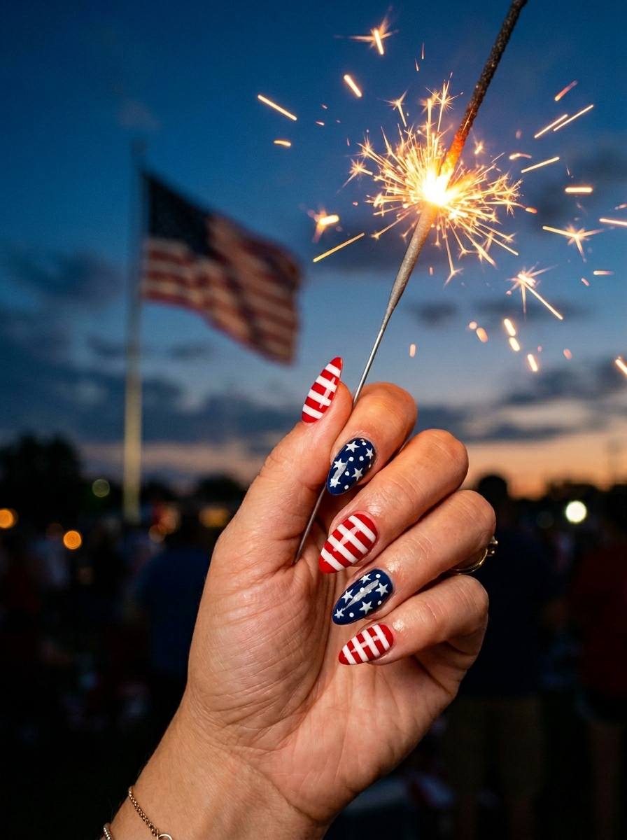 Matte stars and stripes on almond nails - July Nail Designs