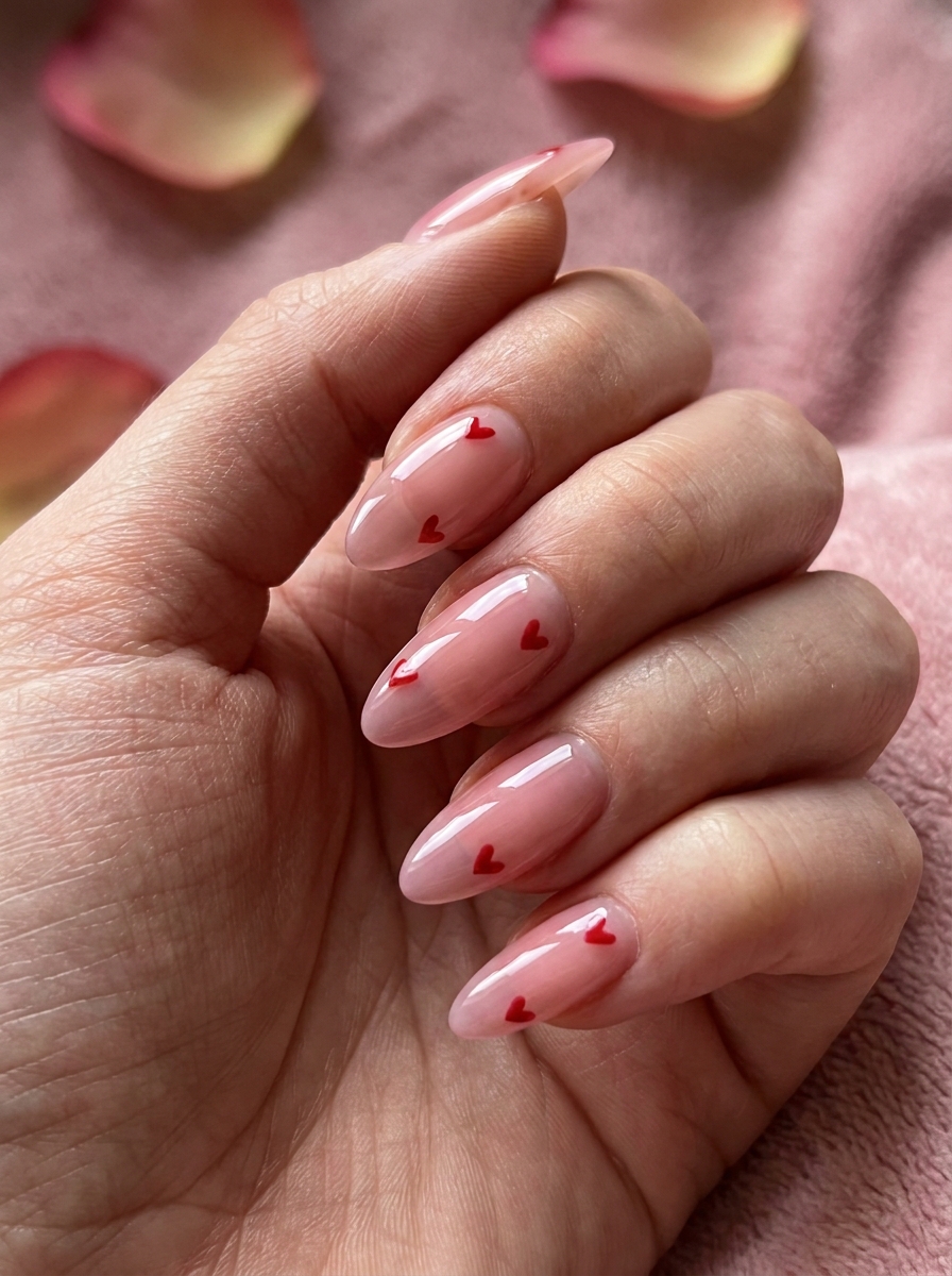 Micro red hearts almond nail design