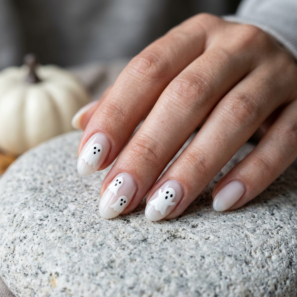 Milky white almond nails with raised 3D white ghosts