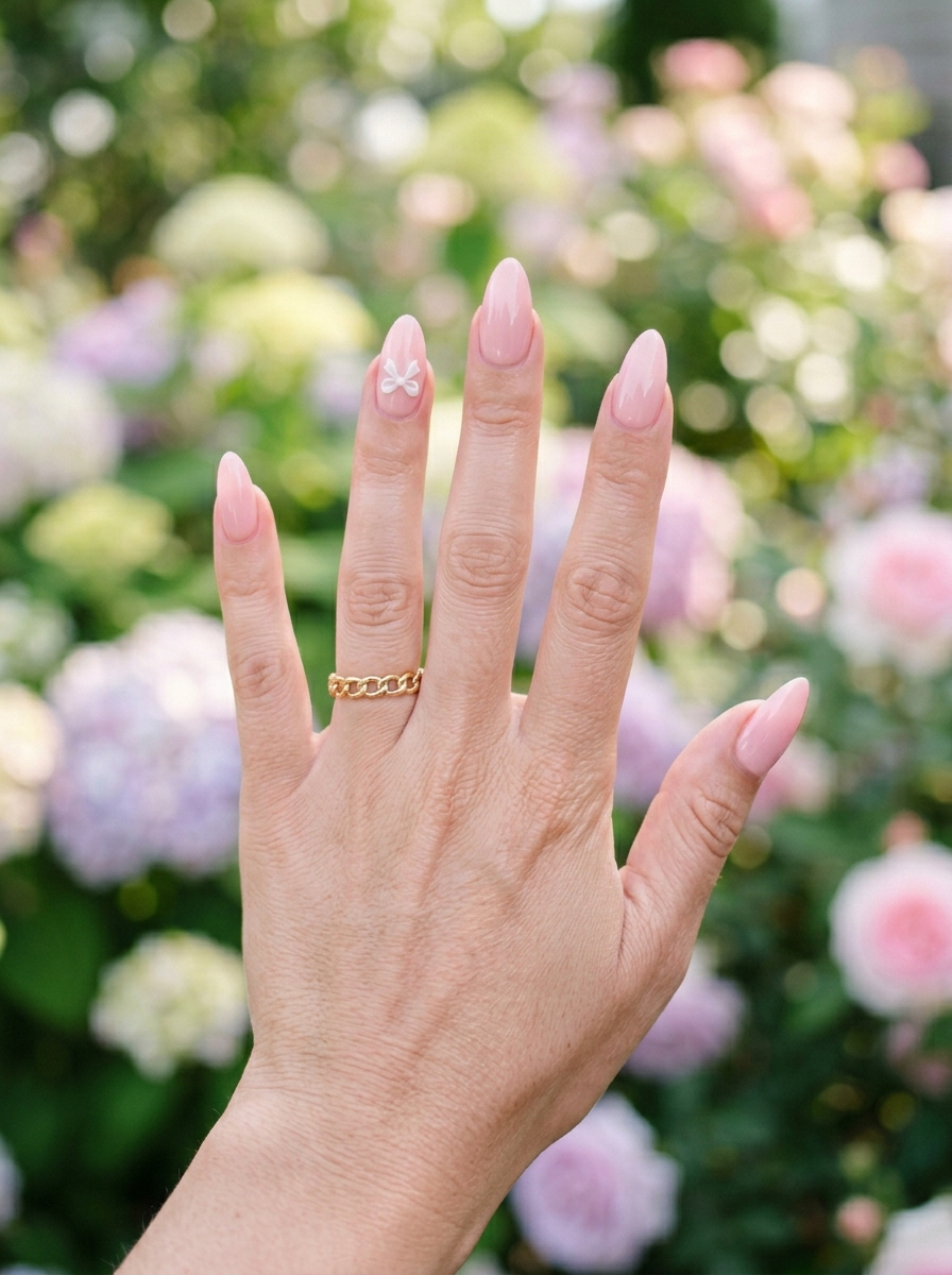 Milky pink with bow charm almond nail design