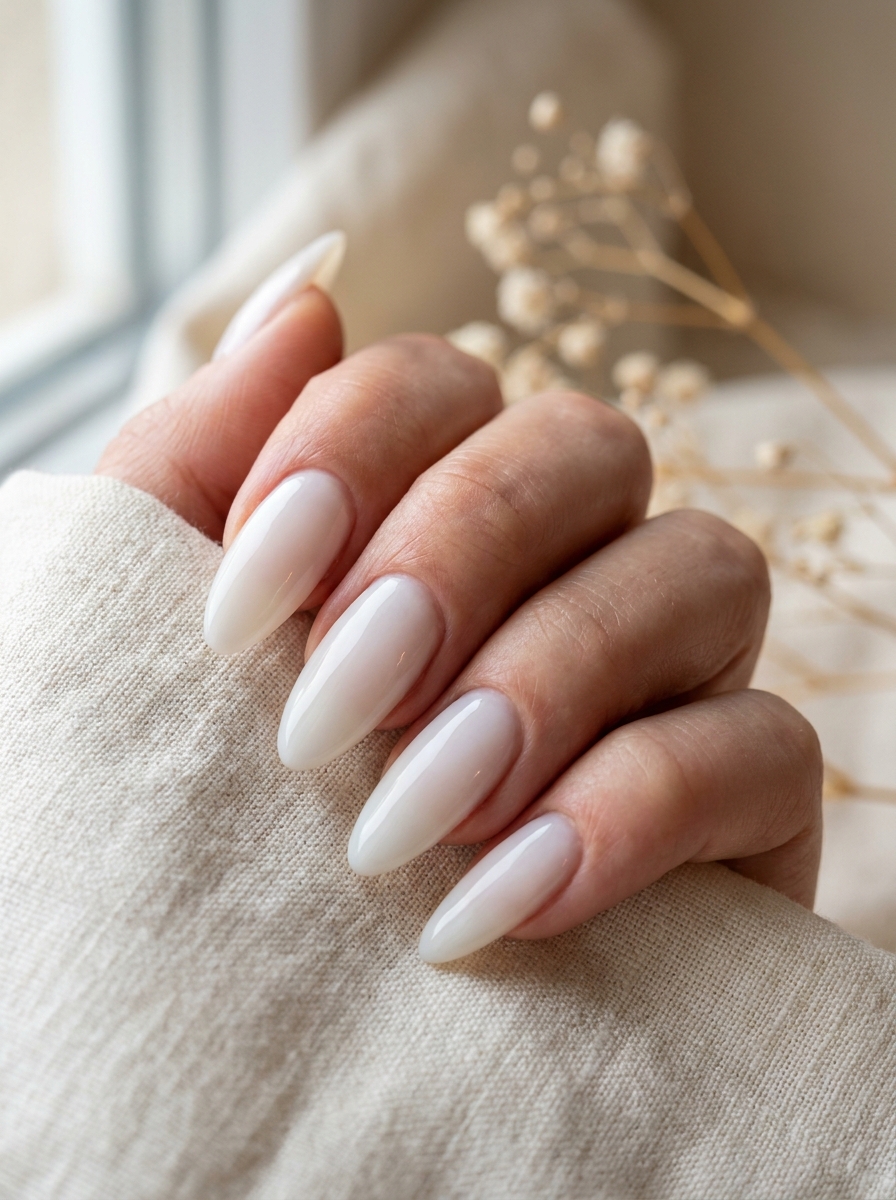 Milky white almond nail design