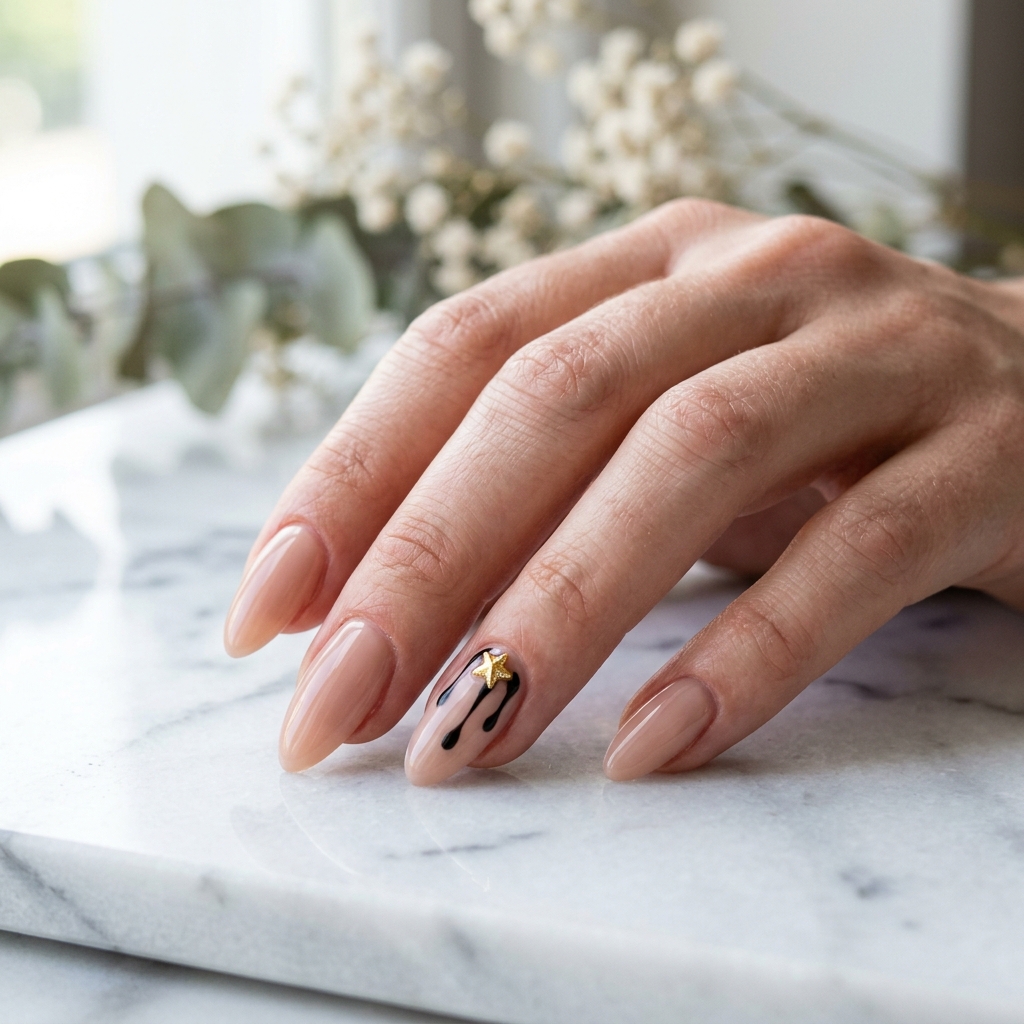 Nude almond nails with a black paint drip and gold star accent