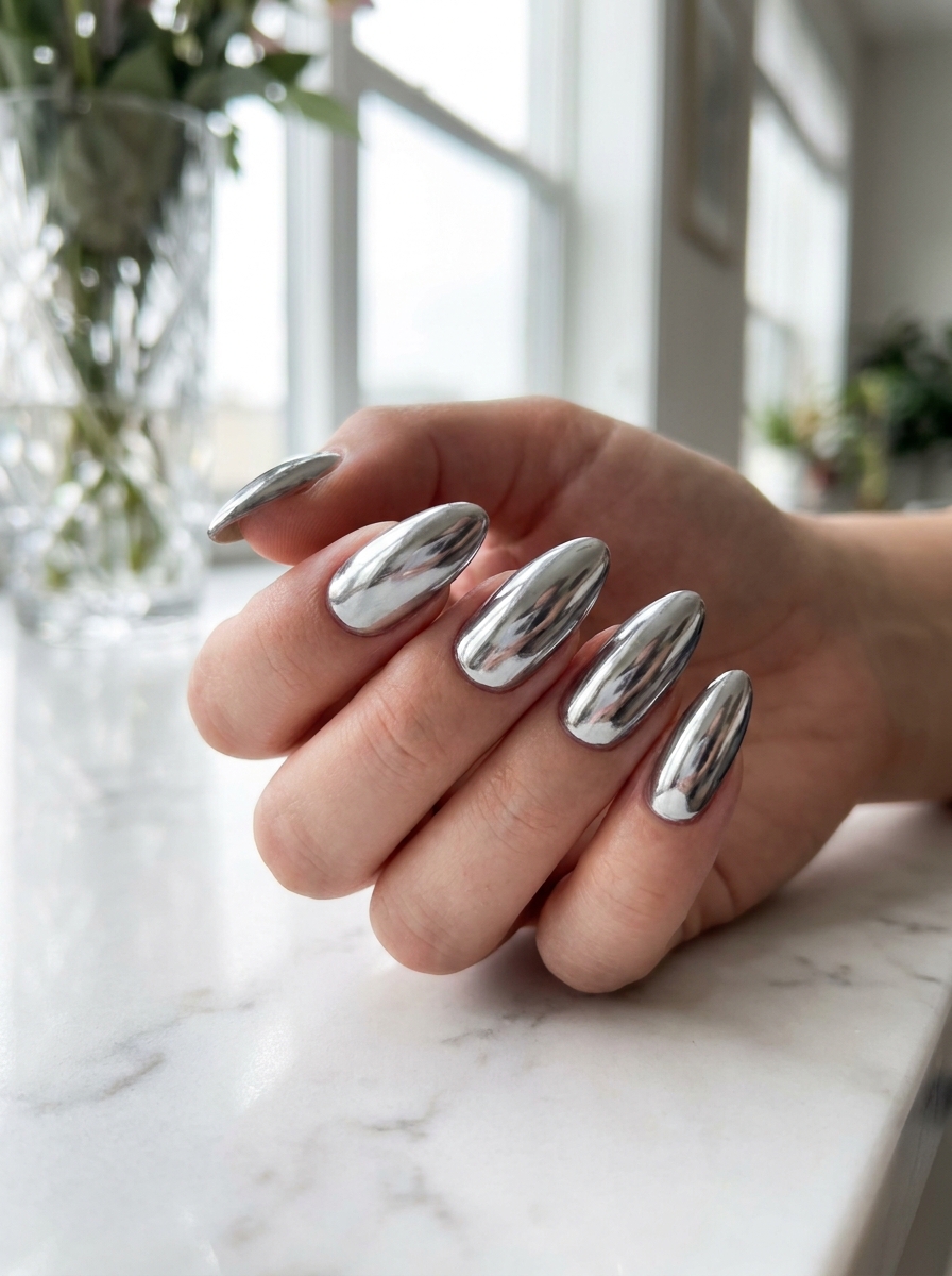 Mirror silver chrome almond nail design