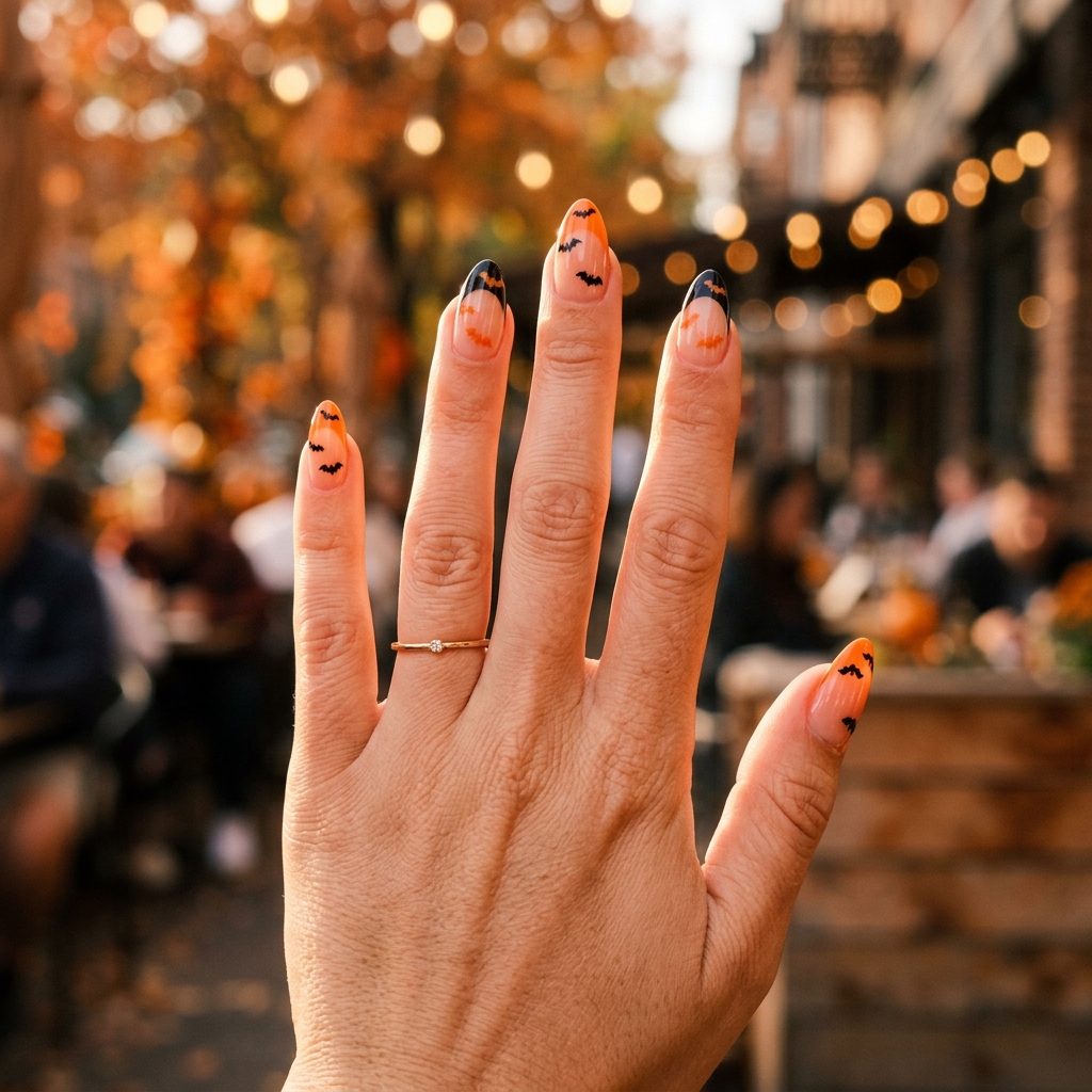 Almond nails with orange and black bat French tips on an autumn street