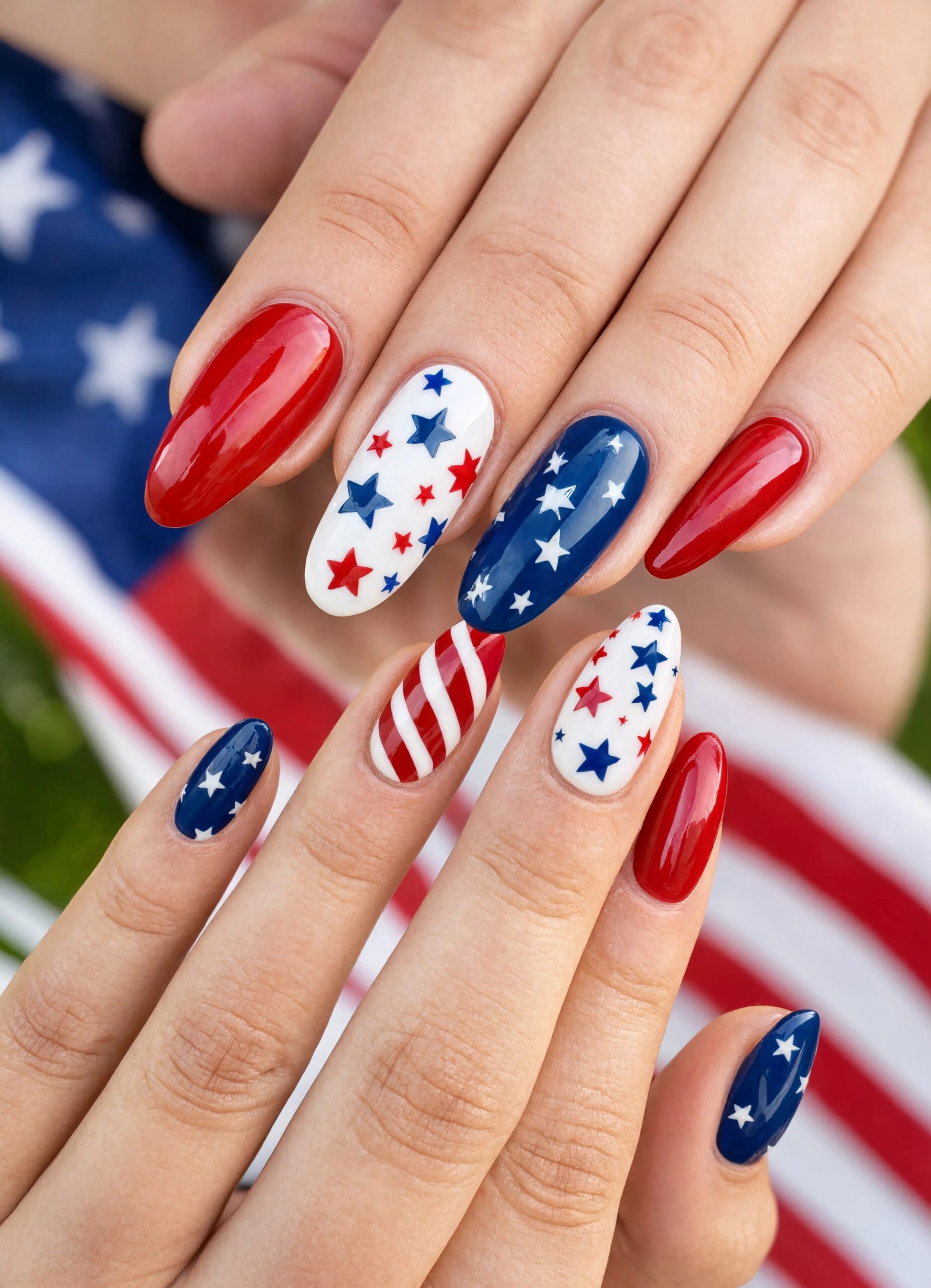 Mismatched stars and stripes on almond nails - July Nail Designs
