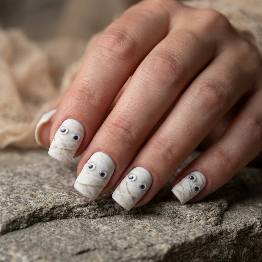 Short square nails painted as white mummy wraps with googly eyes