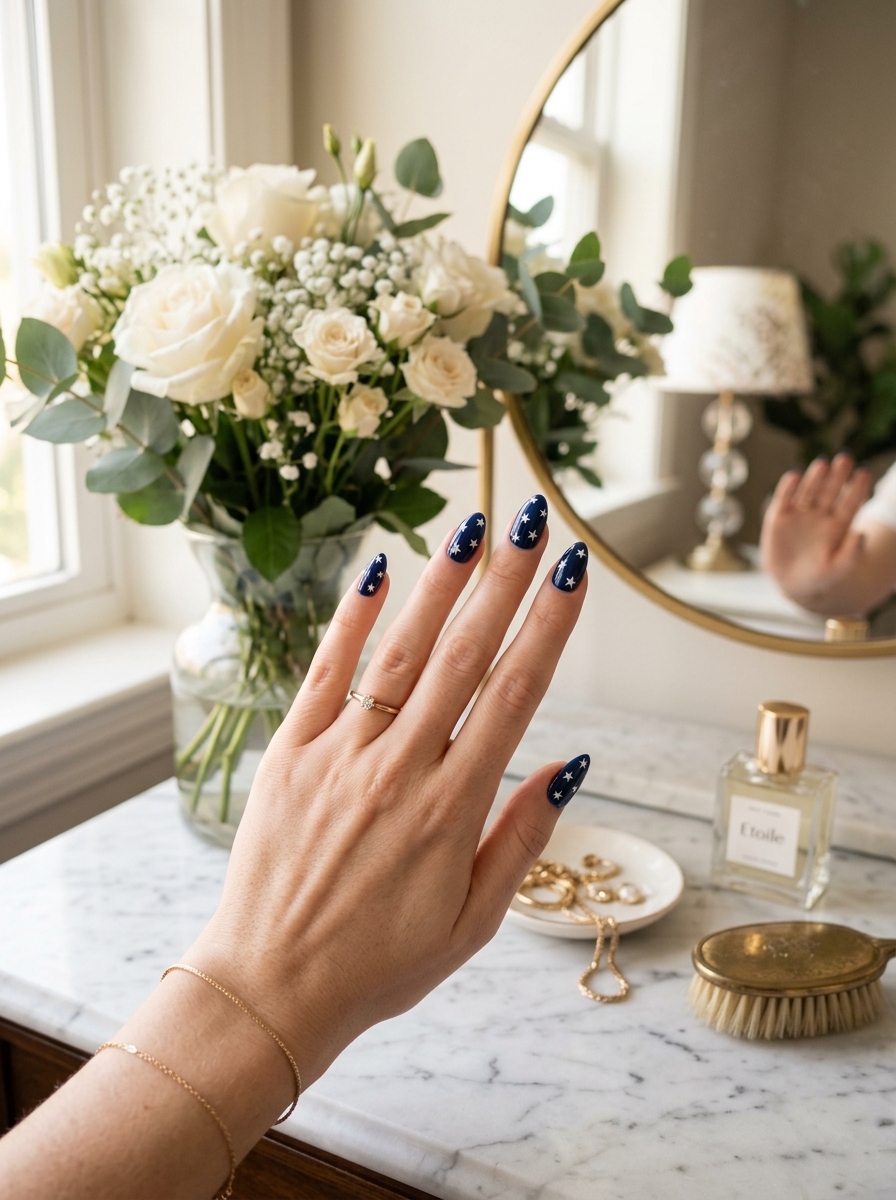 Navy Almond Nails with White Stars - 4th of July Nail Ideas