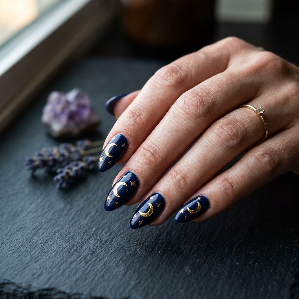 Navy blue almond nails with gold crescent moon and star decals