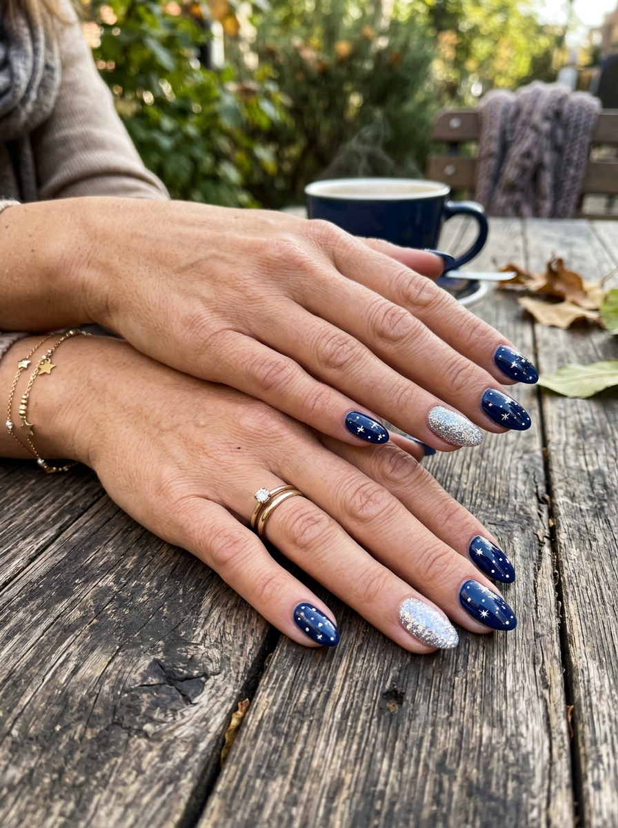 Navy Nails with White Stars and Glitter Accent - 4th of July Nail Ideas