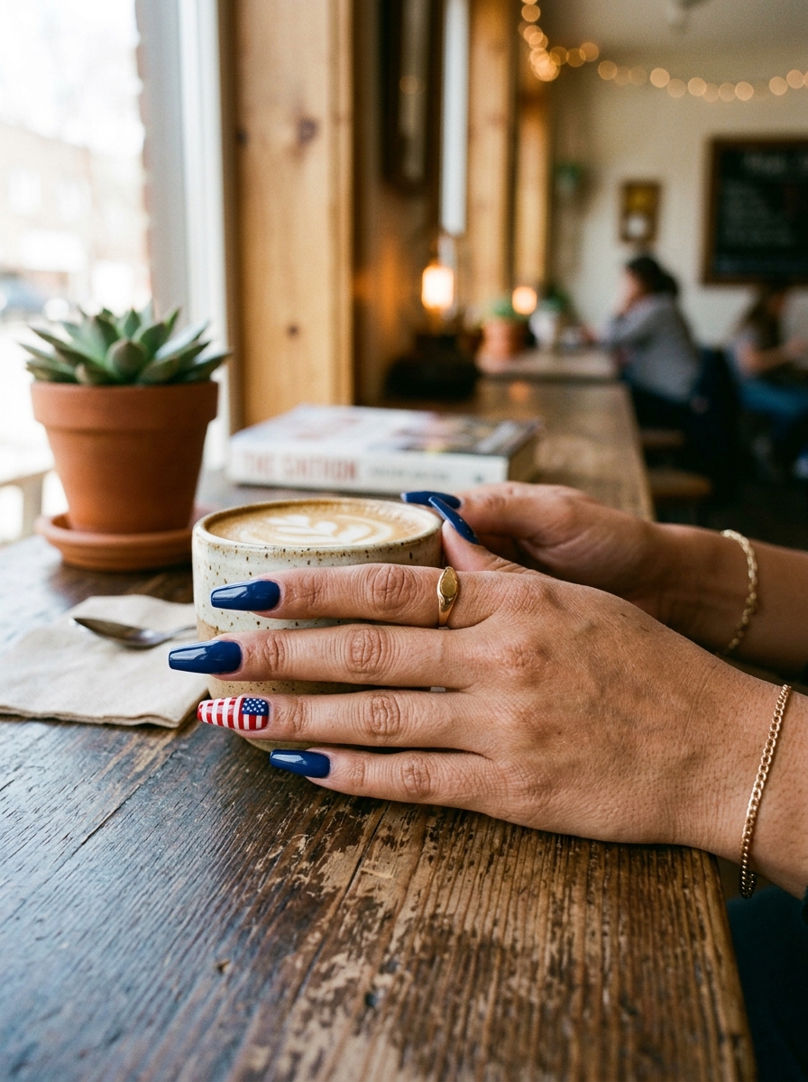 Navy Nails with a Single Flag Accent - 4th of July Nail Ideas