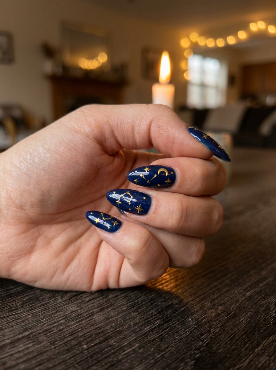 Navy celestial with gold stars almond nail design