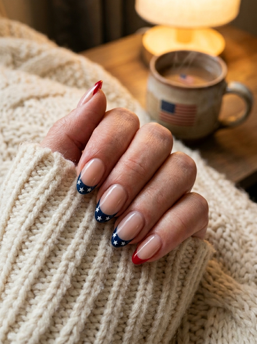 Navy star French tips with a red accent - July Nail Designs