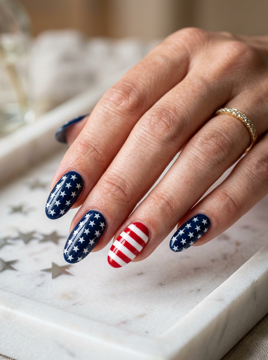 Navy star nails with a single stripe accent - July Nail Designs
