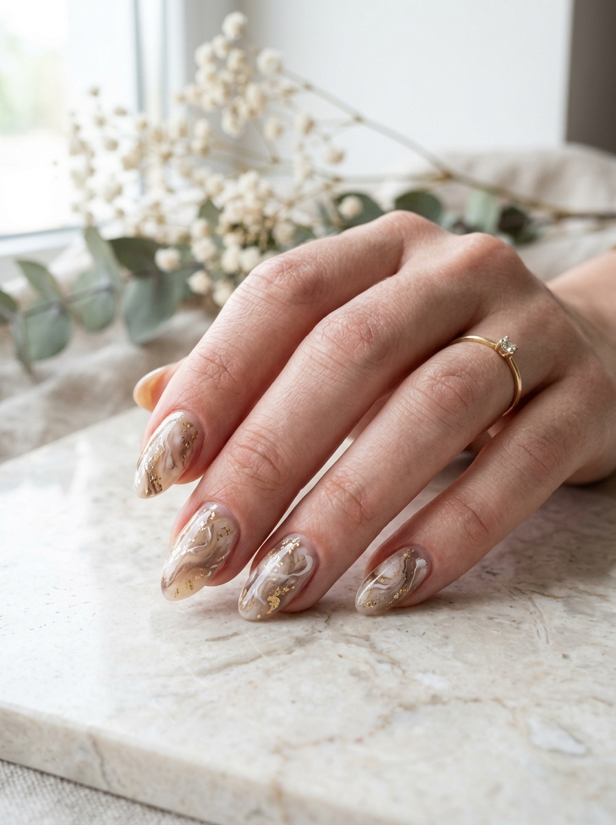Neutral Gold-Flecked Marble - Abstract Nail Designs