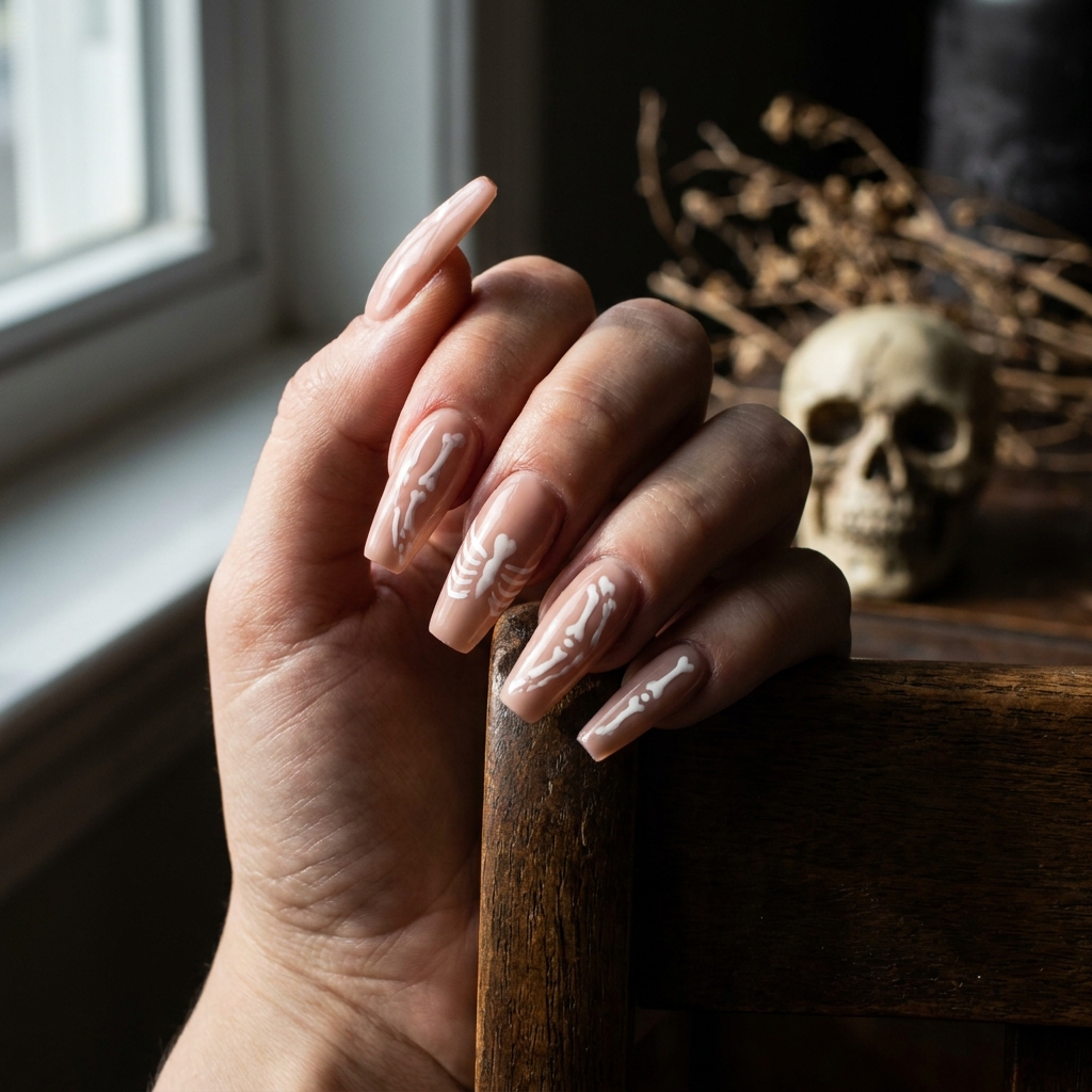 Nude coffin nails with white painted bone and rib-cage skeleton art