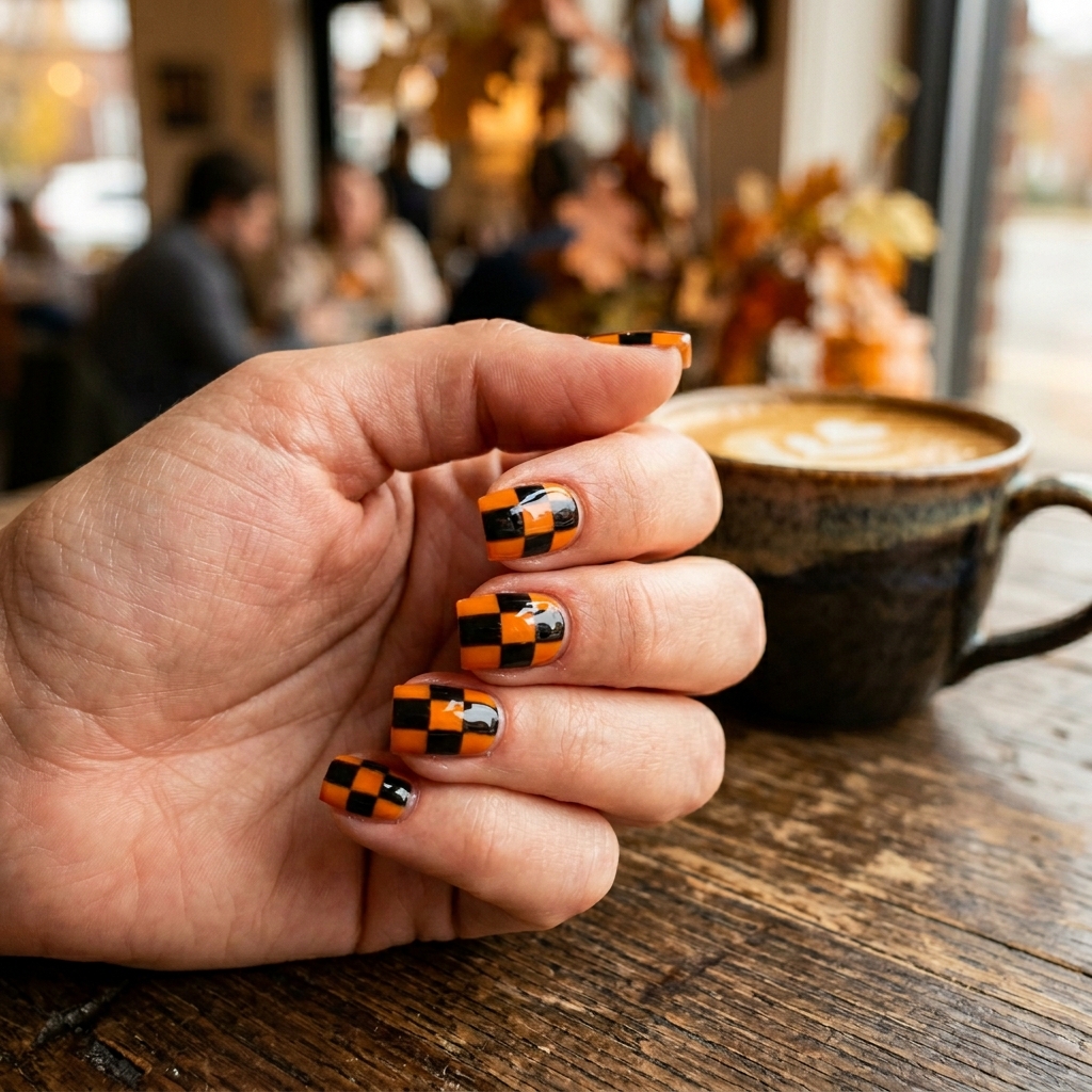 Short square nails with an orange and black checkerboard pattern, beside a latte
