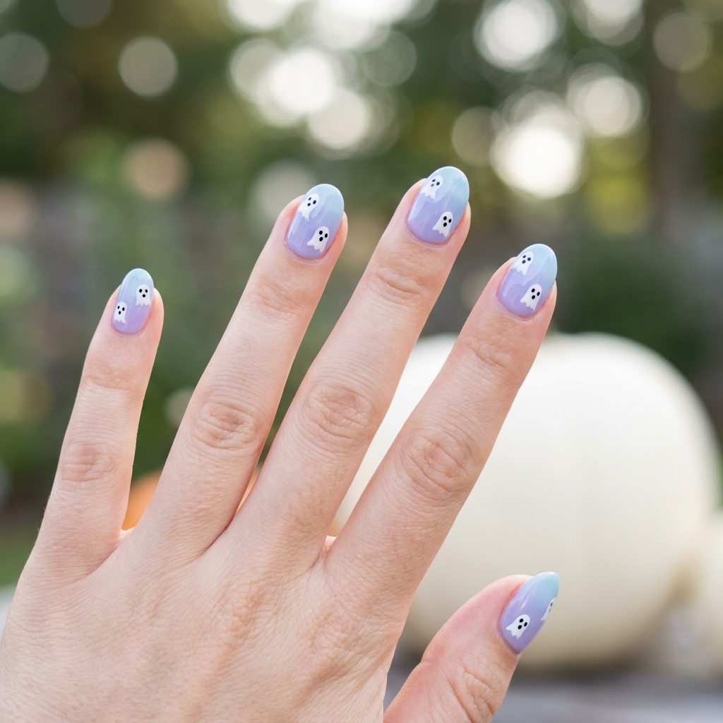Oval nails with a blue-to-purple ombre base and tiny white ghosts