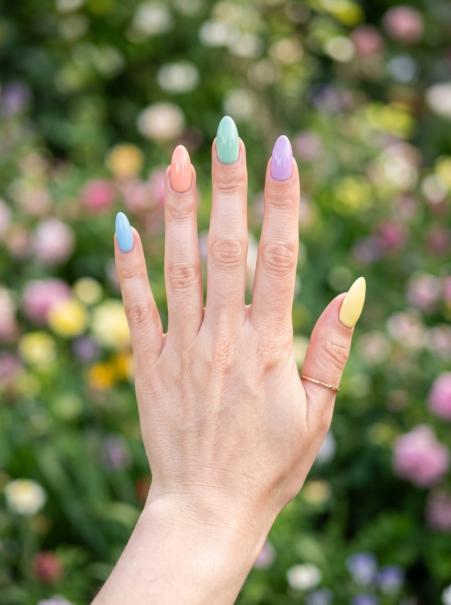 Pastel rainbow almond nail design