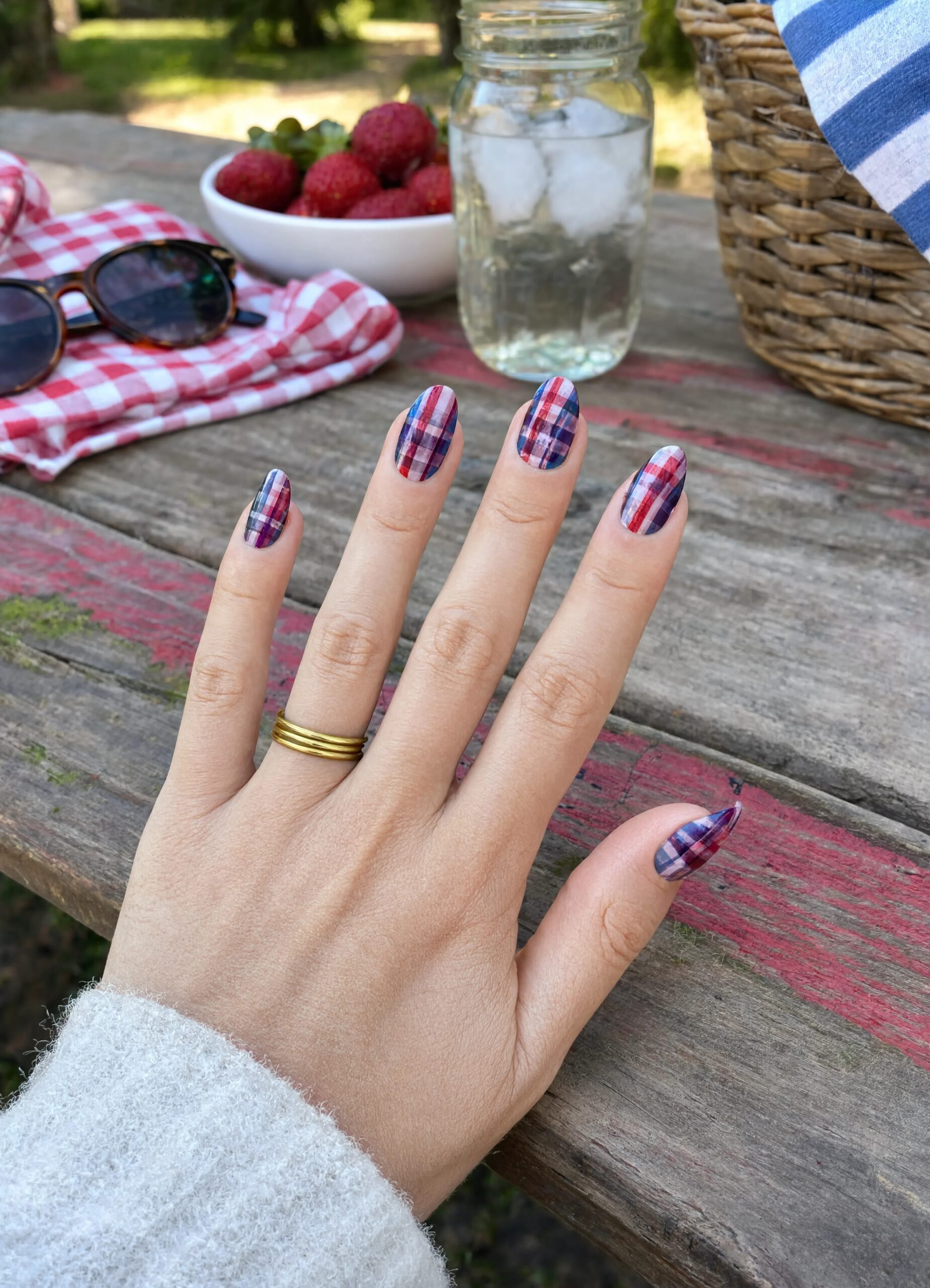 Patriotic plaid on almond nails - July Nail Designs