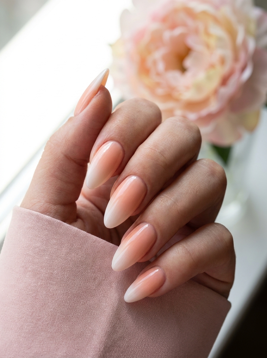 Peach and white ombré almond nail design
