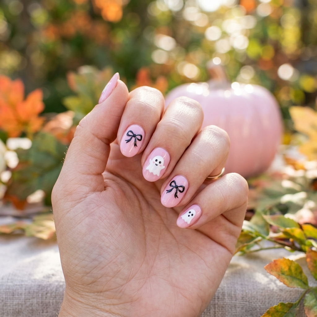 Pale pink oval nails with a white ghost and black coquette bow accents