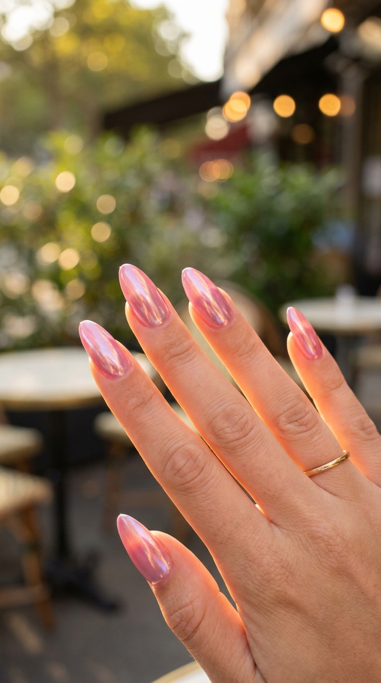Pink iridescent chrome almond nail design