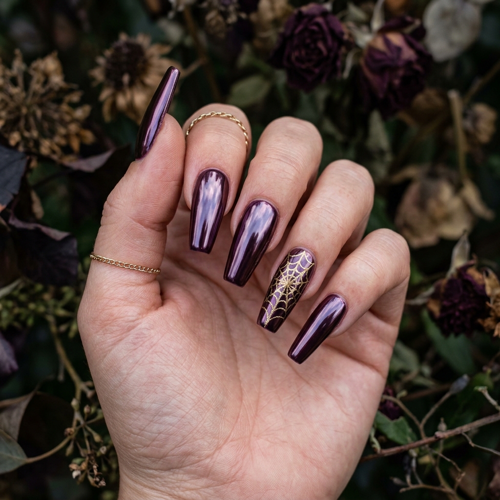 Plum chrome coffin nails with a gold spider web accent