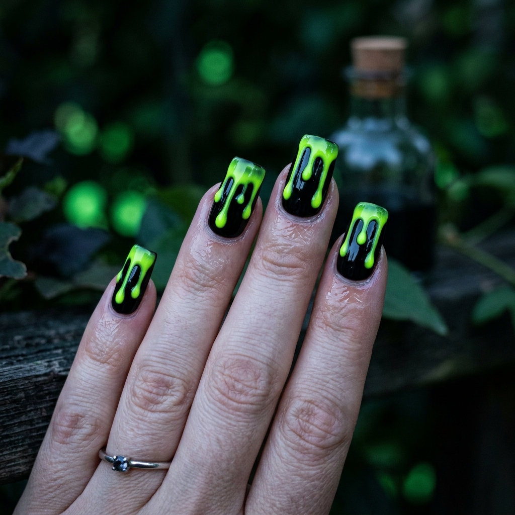 Square nails with neon green slime dripping over black, beside a potion bottle