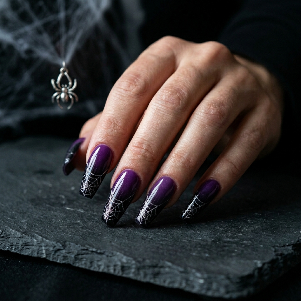 Purple ombre coffin nails fading to black with white spider web tips
