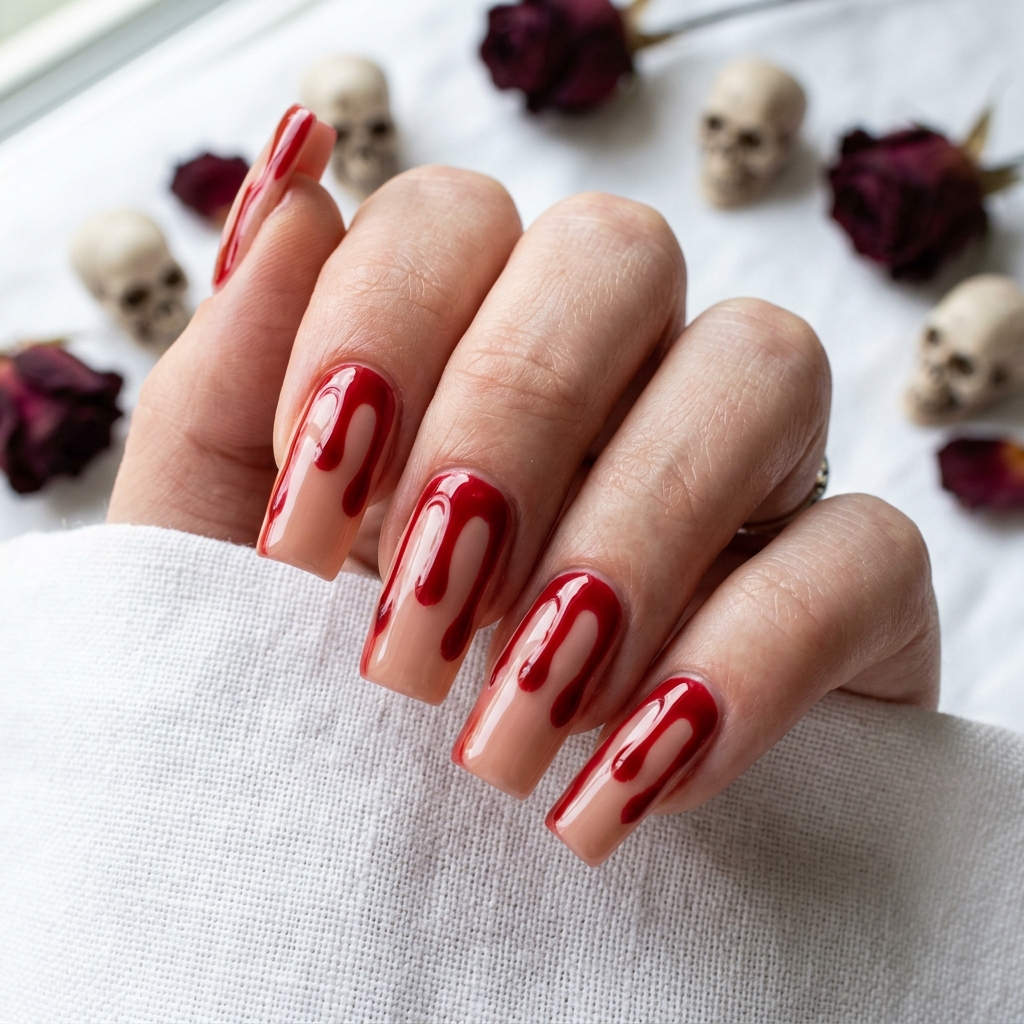 Long square nails with deep red blood drips running down a nude base