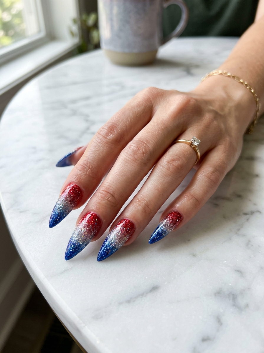 Red, White, and Blue Glitter Ombré Stiletto - 4th of July Nail Ideas