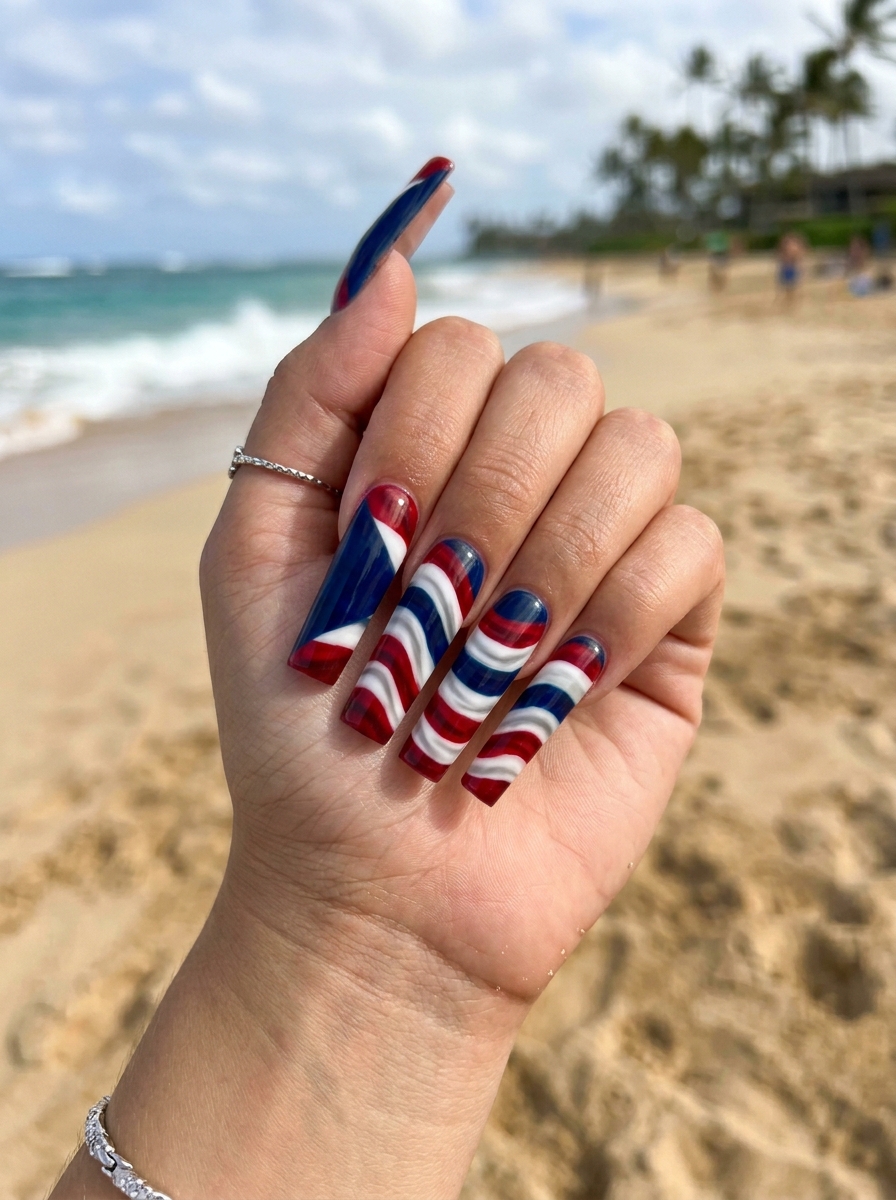 Red, White, and Blue Swirl Nails - 4th of July Nail Ideas