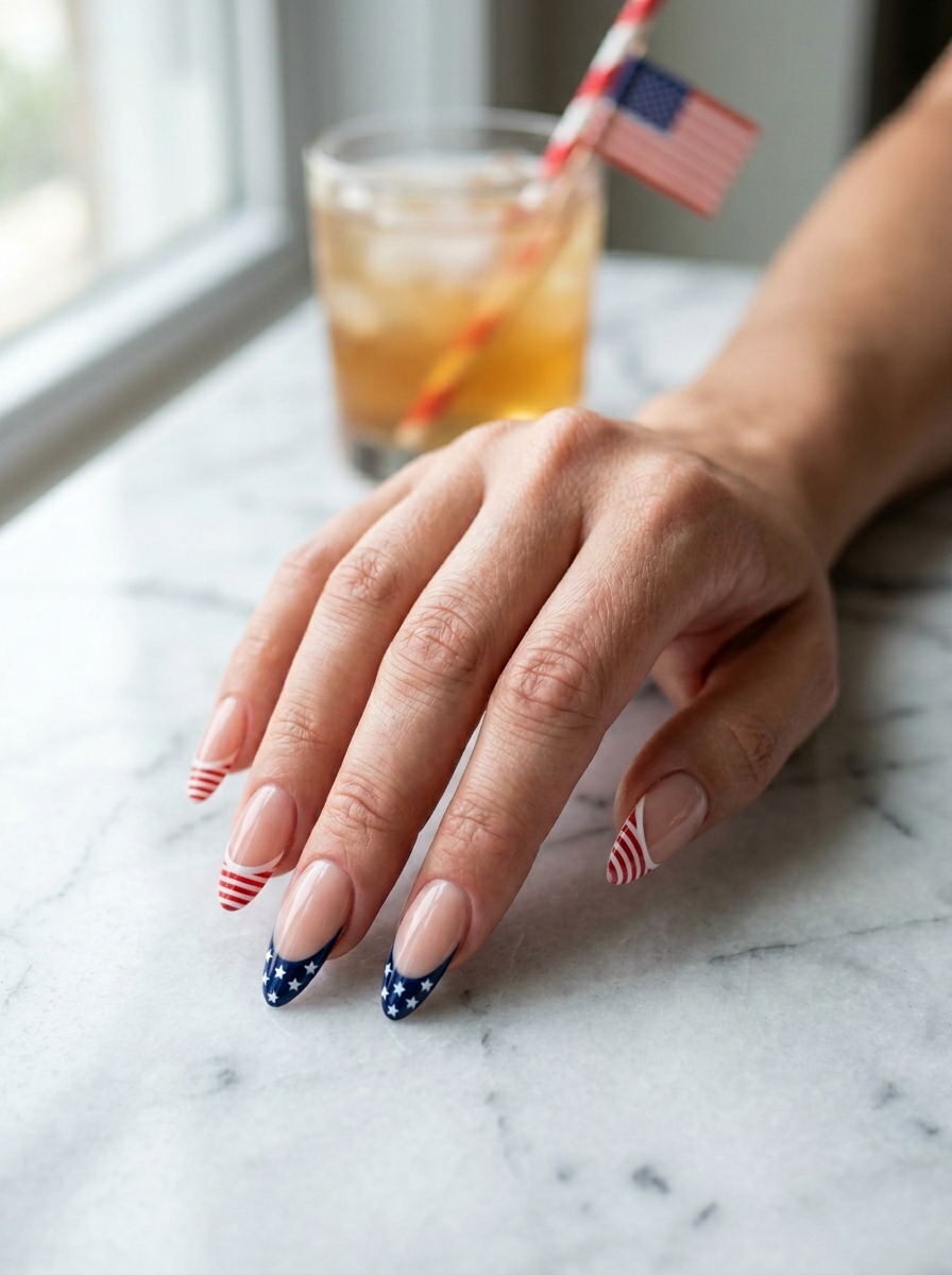 Red stripe and navy star French tips - July Nail Designs