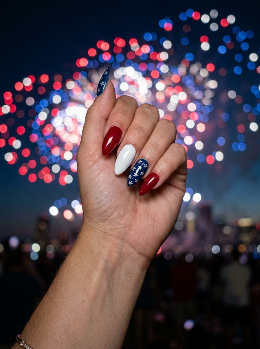 Red, white and navy with a star accent - July Nail Designs
