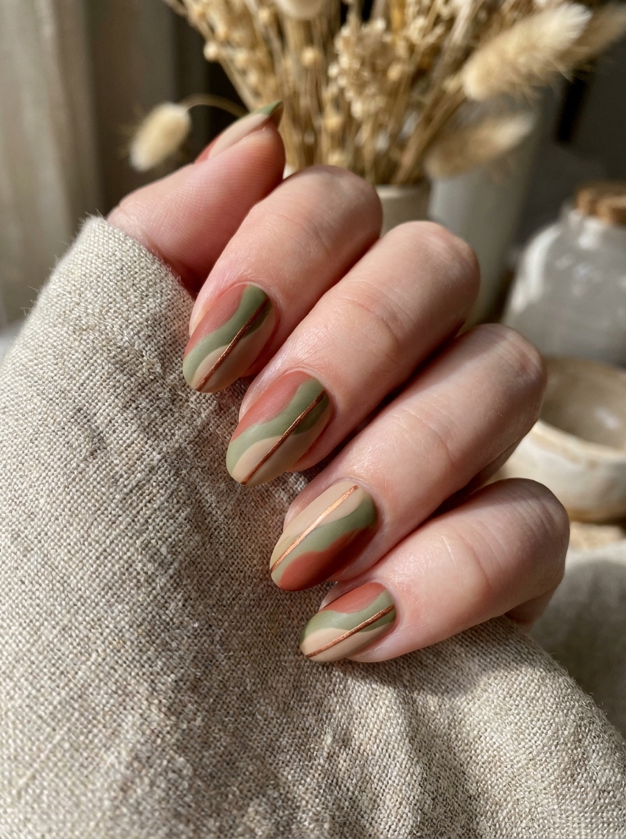 Sage Swirl With Copper Lines - Abstract Nail Designs