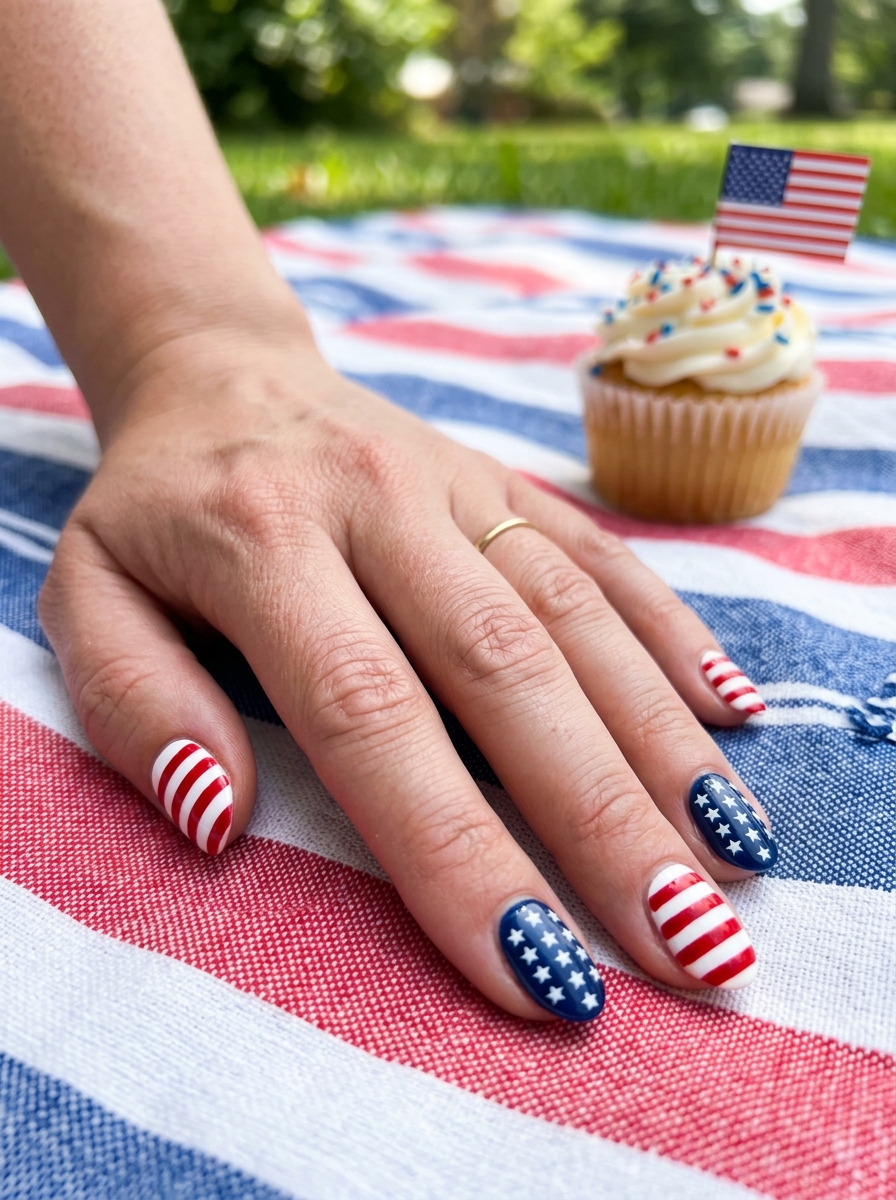 Short stars-and-stripes mix on round nails - July Nail Designs