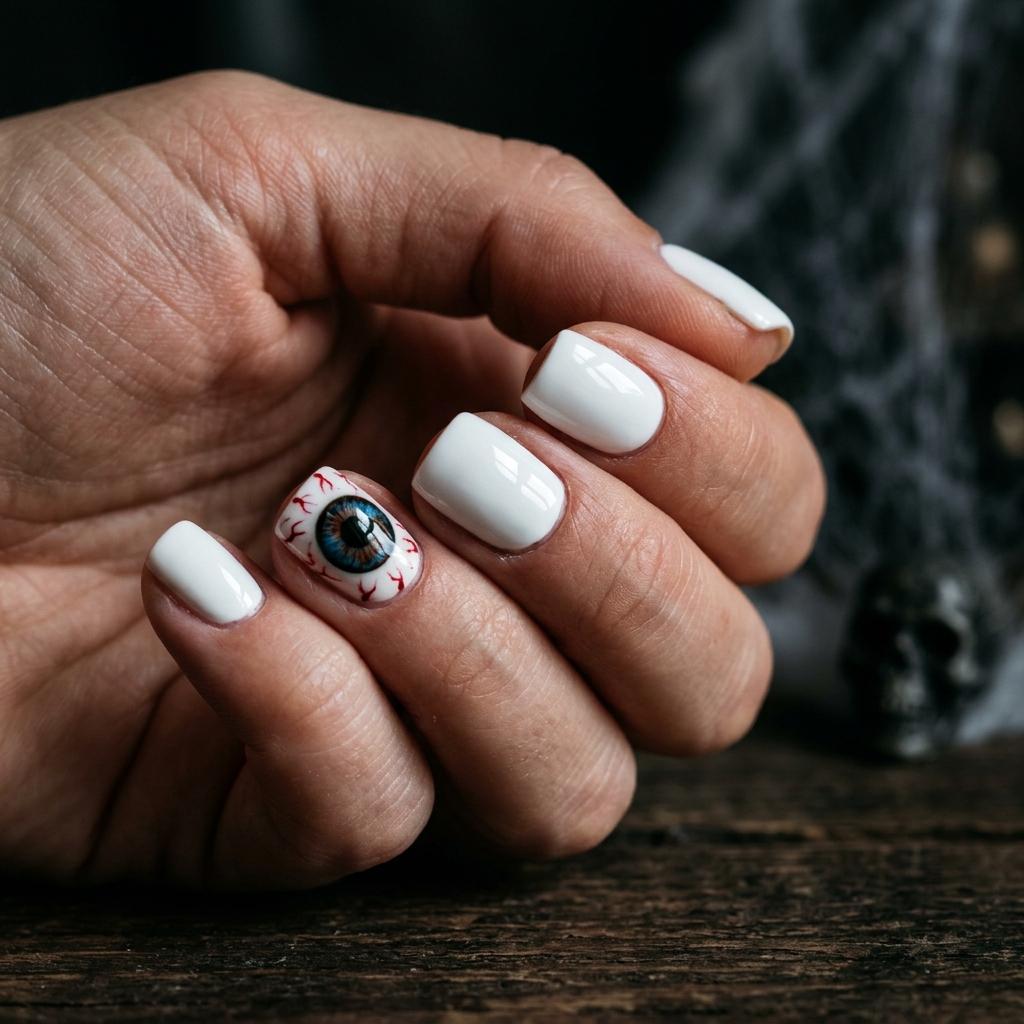 Short green nails with a single stitched Frankenstein accent by a jack-o-lantern