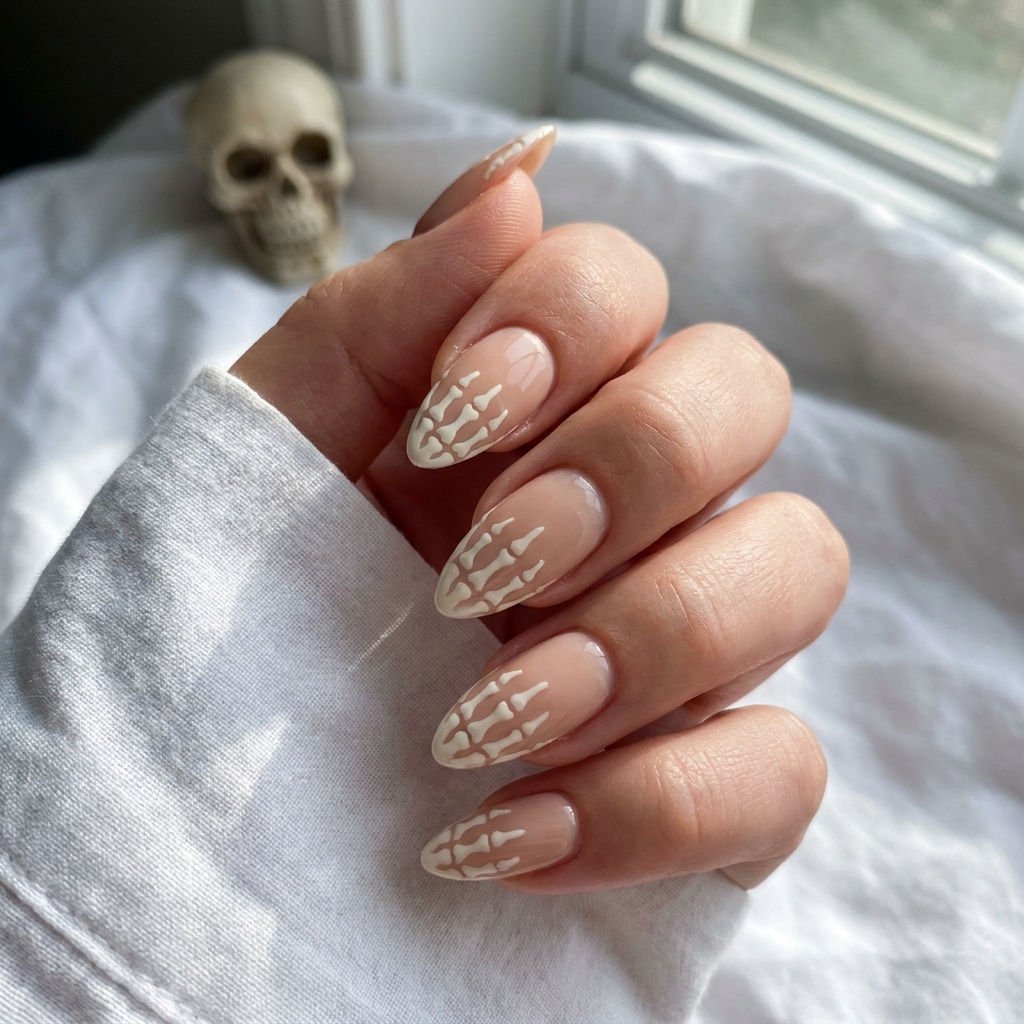 Nude almond nails with white skeleton hand bones as a French-style tip