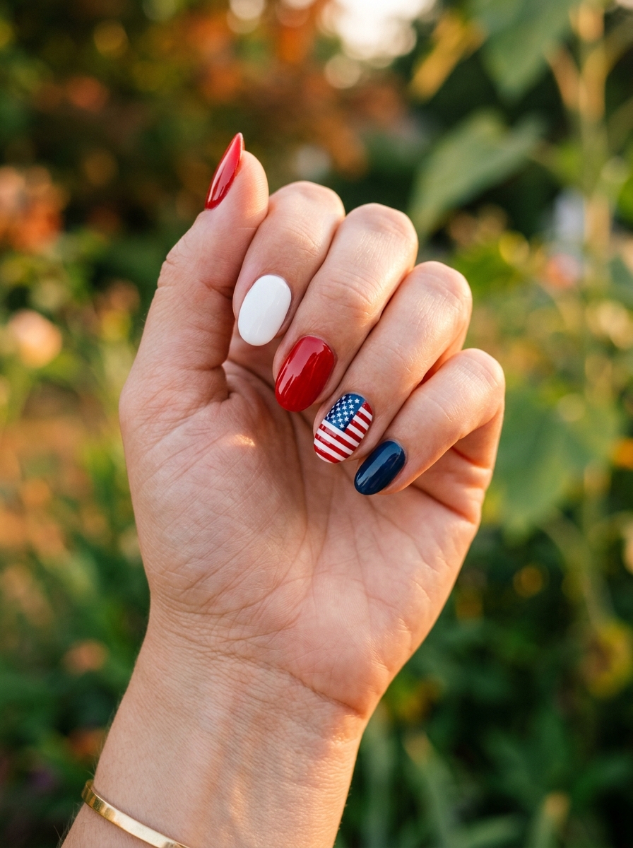 Skittle accent with a flag nail - July Nail Designs