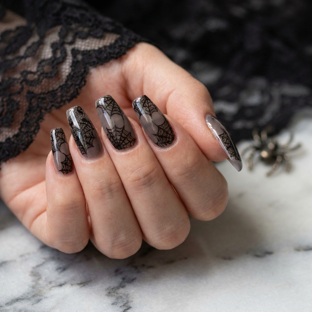 Smoke grey coffin nails with fine black spider web art