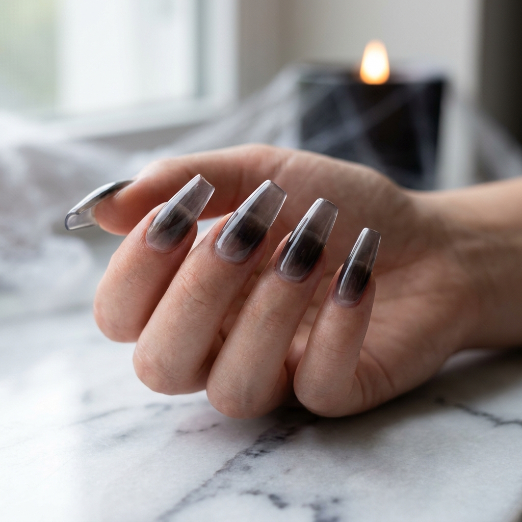 Coffin nails with a smoky clear-to-black ombre, like trapped smoke