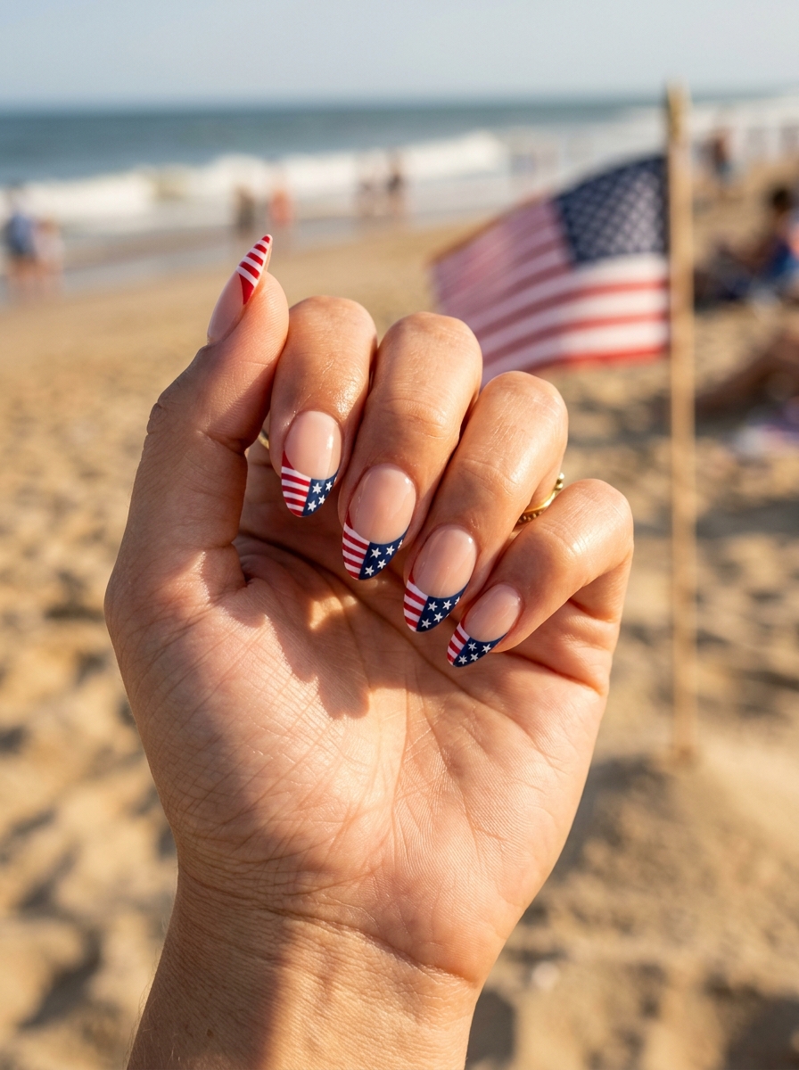 Stars and stripes side French on the beach - July Nail Designs