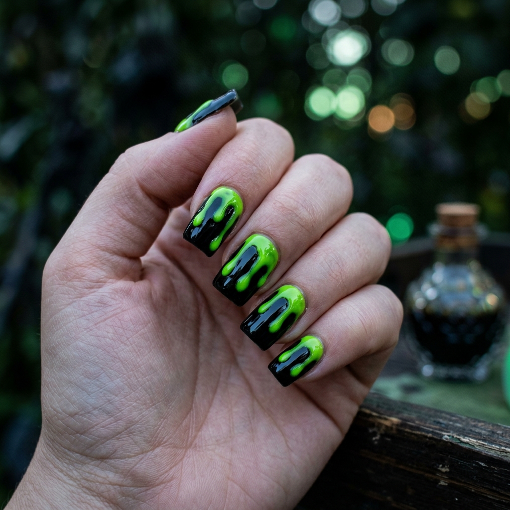 Long square nails with thick neon green slime dripping over glossy black