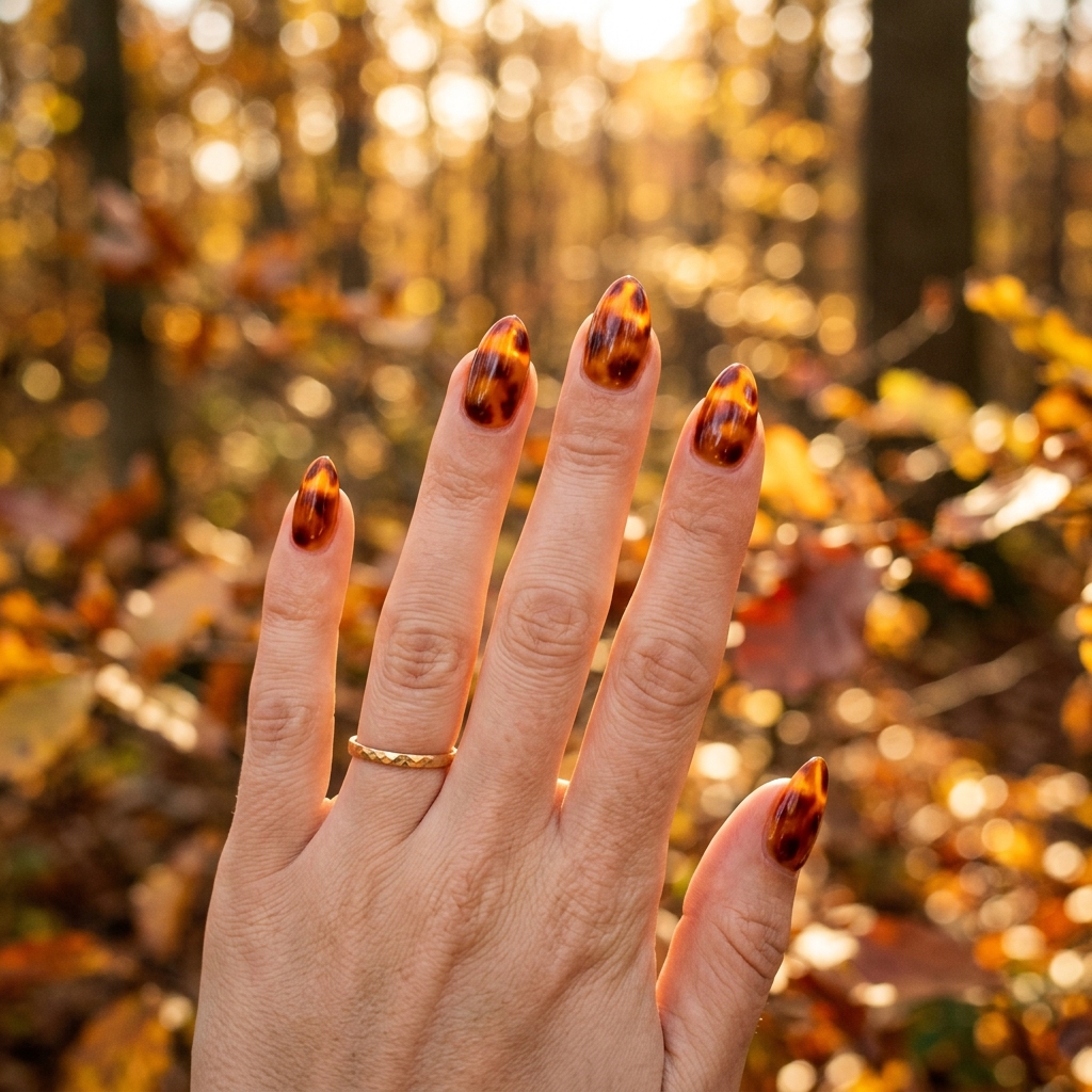 Almond nails in glossy tortoiseshell amber and brown, in autumn light