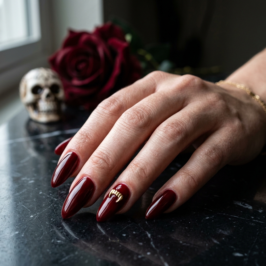 Dark red stiletto nails with a gold vampire fang charm, beside a skull and rose