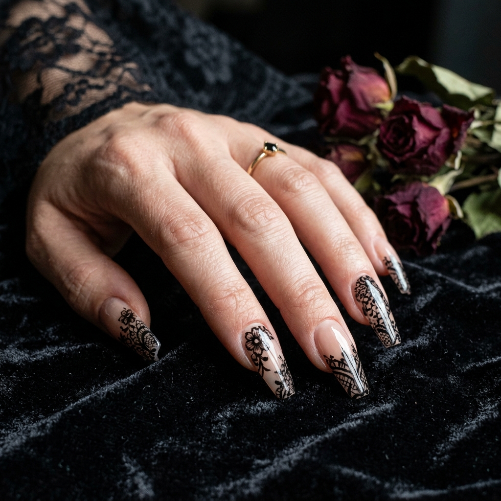 Coffin nails with intricate black lace over nude, styled on black velvet with roses